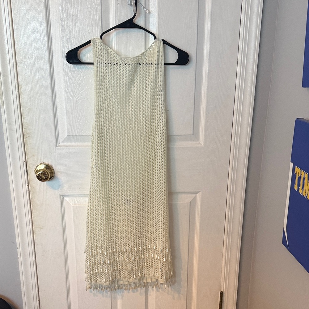 Miracle Beaded Crotchet Mini Dress: Cream Crochet Knit Mini Dress